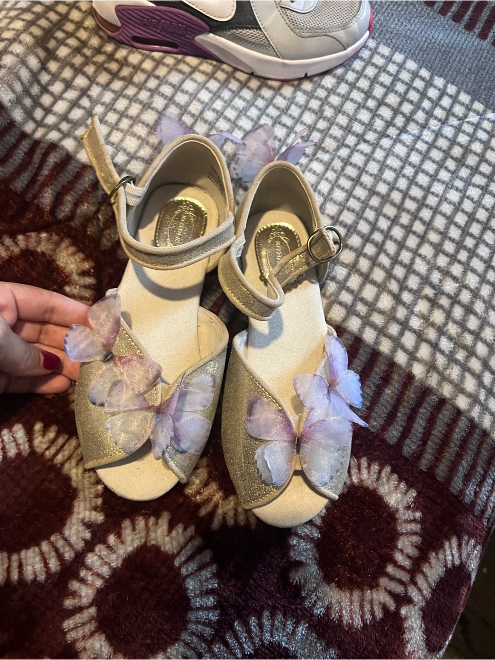 Joyfolie Gold Girls Sandals with Lilac Butterfly Accents